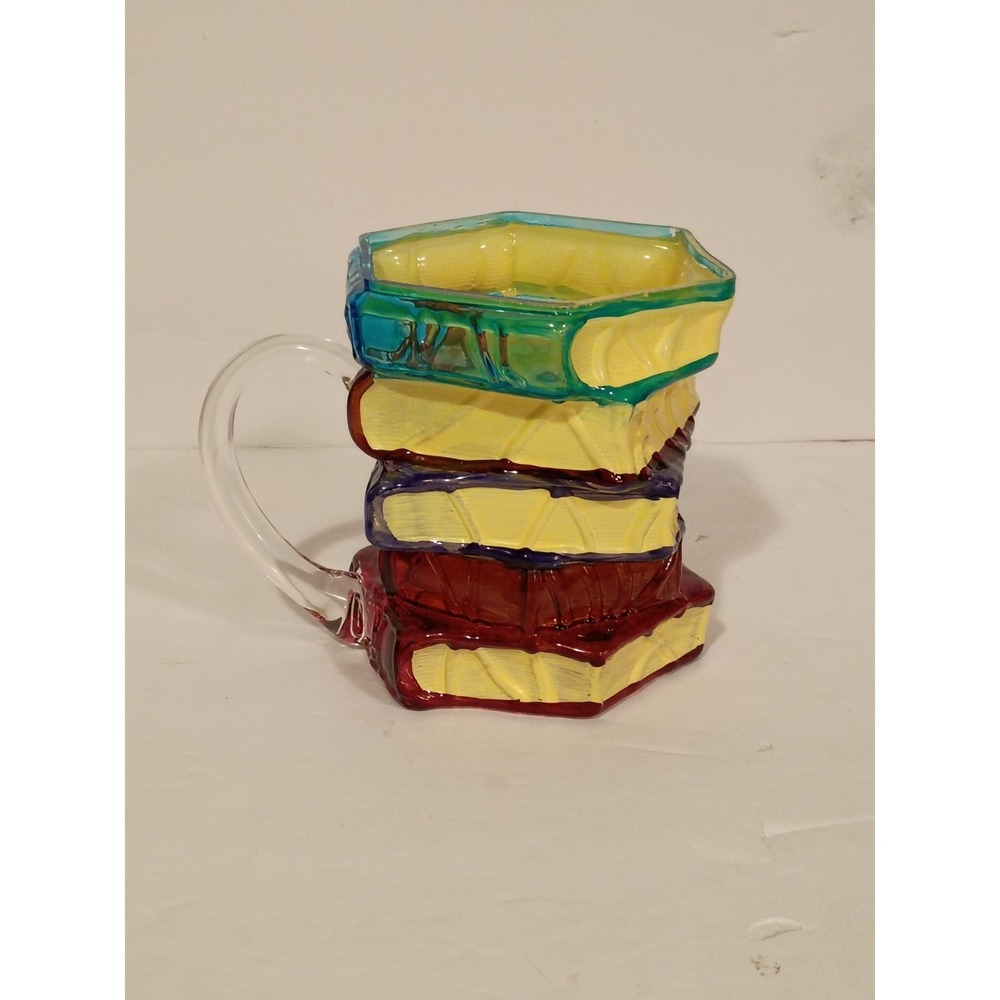 Hand Blown Studio Art Glass Stacked‎ Book Lovers Coffee Mug Tea Cup Librarian